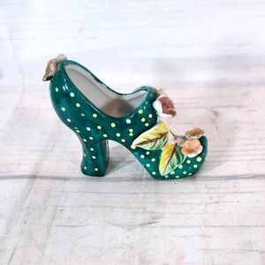High Heel Shoe Green Ceramic Figurine Polka Dot Floral Accent - Marked Japan